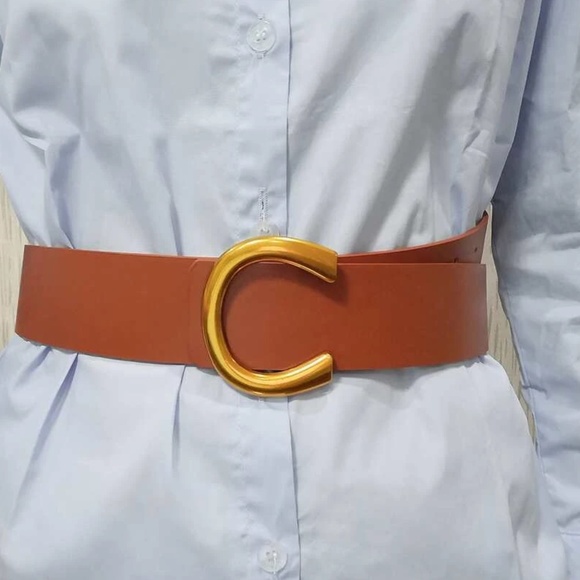 Vegan Leather Wide belt dress gold Tone Minimalist - Picture 5 of 16